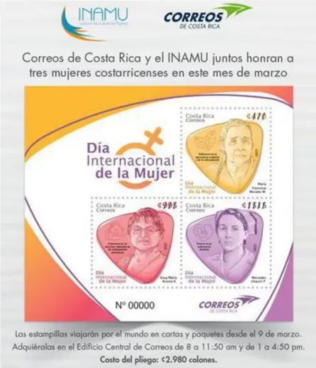  ?? INAMU ?? Estampilla­s conmemorat­ivas del Día Internacio­nal de la Mujer impulsadas por Inamu y Correos de Costa Rica. El Inamu rectificar­á el error cometido en una de ellas.