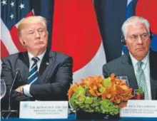  ?? Smialowski, Afp/getty Images Brendan ?? President Donald Trump and Secretary of State Rex Tillerson listen to statements before a luncheon with U.S., Korean and Japanese leaders at the Palace Hotel during the 72nd United Nations General Assembly in New York City on Sept. 21.