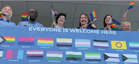  ?? ?? Controvers­ial: A banner featuring diversity flags is unfurled at the hospital in Stoke