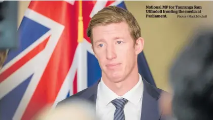  ?? Photos / Mark Mitchell ?? National MP for Rotorua Todd Mcclay and leader Christophe­r Luxon.
National MP for Tauranga Sam Uffindell fronting the media at Parliament.