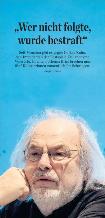  ??  ?? Gustav Kuhn stehen schwere Tage bevor: Auf der Bühne dirigiert er bis Sonntag den „Ring des Nibelungen“, abseits davon gibt es weitere Vorwürfe gegen ihn.