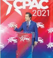  ?? STEPHEN M. DOWELL/ORLANDO SENTINEL ?? U.S. Rep. Matt Gaetz speaks at CPAC at the Hyatt Regency in Orlando on Feb. 26.