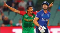  ??  ?? ENGLAND’S BATSMAN James Taylor (right) reacts in frustratio­n after being caught out by Bangladesh’s Imrul Kayes (unseen) off the bowling of Taskin Ahmed (left) during their World Cup match on Monday.