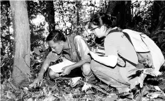  ??  ?? First assignment for Natalia (right) who is being given some tips on how to set up camera trap by Nelky Imbaran of YS DVCA.