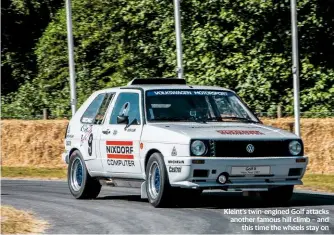  ??  ?? Kleint’s twin-engined Golf attacks another famous hill climb – and this time the wheels stay on