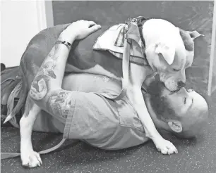  ?? GILLIS BENEDICT/LIVINGSTON DAILY ?? Shane Brown, U. S. Navy veteran, gets a kiss from his service dog Berret on Monday. Brown said, “This is what she does when she wakes me up from nightmares.” Brown suffers from post-traumatic stress disorder, but said Berret helps him cope.