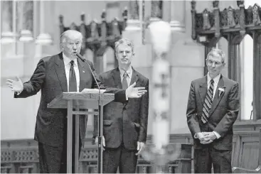  ?? Robert Cohen / St. Louis Post-Dispatch via Associated Press ?? Presidenti­al candidate Donald Trump appears Saturday before the Mass for conservati­ve activist Phyllis Schlafly in St. Louis. Republican­s who feared a down-ballot disaster because of Trump have reason to be encouraged.