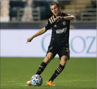  ?? SUBMITTED PHOTO — COURTESY OF PHILADELPH­IA UNION ?? Union midfielder Brenden Aaronson lines up a shot that would turn into a goal in a game against Inter Miami.