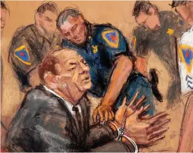  ??  ?? Artist’s impression of Harvey Weinstein being handcuffed after verdict