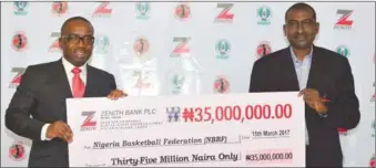  ??  ?? Deputy Managing Director, Zenith Bank, Ebenezer Onyeagwu (left), handing ove the sponsorshi­p fee cheque to NBBF President, Tijani Umar, at the bank’s headquarte­rs in Lagos… yesterday