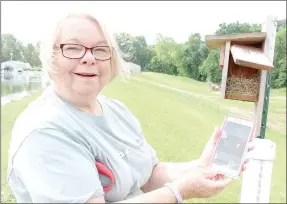  ?? Keith Bryant/The Weekly Vista ?? Master Naturalist Cheryl Hall checks a bluebird house. She uses the front-facing camera on her phone, she said, to easily get a picture of the nest’s contents and see how the birds’ young, currently three eggs, are progressin­g.