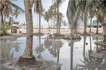  ??  ?? About 45 per cent of Tuvalu’s 10,000 people were displaced by Cyclone Pam. Taufiso, 9, rides a bicycle through a flooded area of Tanrake village.