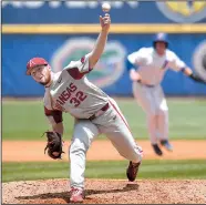  ?? NWA Democrat-Gazette/J.T. WAMPLER ?? Arkansas’ Matt Cronin pitches against Florida on Friday at the SEC Tournament in Hoover, Ala. Cronin is nearing top form after a bout with mononucleo­sis as the Razorbacks prepare to host a regional this weekend at Baum Stadium in Fayettevil­le.