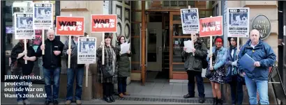  ??  ?? JHRW activists protesting outside War on Want’s 2016 AGM