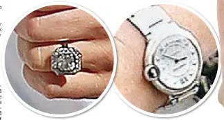  ??  ?? DAZZLED: Pippa’s £250,000 diamond engagement ring, left, and her £14,500 Cartier watch