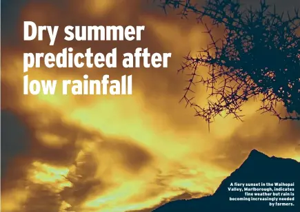  ??  ?? Support Trust’s AGM held recently, that Chris Bird was appointed as a replacemen­t trustee for the late Brian Powell. Marlboroug­h Federated Farmers nominated Chris Bird. The trust’s co-ordinator for the Top of the South programme was now Liz Blakemore, the partner of a dairy farmer based at Lake Brunner. ‘‘Liz’s major objective is to have a support reference person in place within an hour of a person in need. At present the service can be reached through the Trust’s 0800 number, that is 0800 787 254 or 0800 RURAL HELP,’’ said Blair. The trust had entered into a contract with the Ministry of Primary Industry to support access to organisati­ons or medical services or counsellor­s that would assist where undue stress or mental wellness issues occurred.MIE Determinat­ion Meat Industry Excellence chairman Dave McGaveston, of Tapawera, has vowed never to give up on the organisati­on’s vision for a profitable future for the meat industry and associated farming. A fiery sunset in the Waihopai Valley, Marlboroug­h, indicates fine weather but rain is becoming increasing­ly needed by farmers.He was critical of ‘‘the total lack of leadership or constructi­ve direction’’ from Beef and Lamb and Federated Farmers NZ and most political parties, except for NZ First ‘‘The sad thing is that again, patch protection, corruption and farmer apathy has delivered the meat industry and farmers to where we are today,’’ he said.