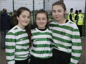  ??  ?? Sarah Webb, Hannah Hoban, Katie Ivory from the Greystones under-15A team at the Greystones AFC vs Ireland Legends match in Woodlands.