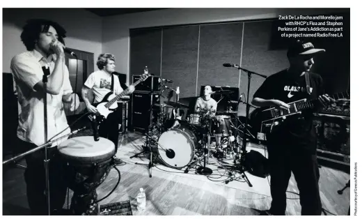  ??  ?? Zack De La Rocha and Morello jam with RHCP’s Flea and Stephen Perkins of Jane’s Addiction as part of a project named Radio Free LA