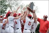  ?? DREW ELLIS — MEDIANEWS GROUP ?? On June 15, 2019, Orchard Lake St. Mary’s baseball coach Matt Petry presents the Division 2baseball state championsh­ip to his team. That day was the last the state of Michigan held a spring sporting event. When action resumes on March 26, it will have been 650 days without competitio­n.