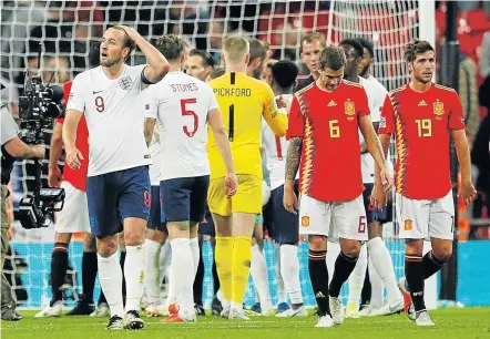  ?? Picture: REUTERS/John Sibley ?? HIGH ON EMOTION: A dejected-looking Harry Kane after England’s Nations League clash against Spain at Wembley Stadium, London, on Saturday. England were denied a point when Dutch referee Danny Makkelie awarded a foul in favour of Spanish goalkeeper David de Gea for minimal contact with Danny Welbeck.