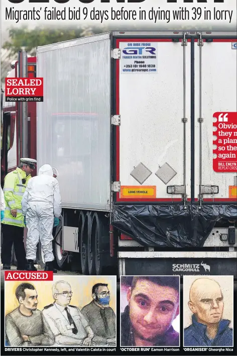  ??  ?? Police with grim find
ACCUSED
DRIVERS Christophe­r Kennedy, left, and Valentin Calota in court ‘OCTOBER RUN’ Eamon Harrison ‘ORGANISER’ Gheorghe Nica