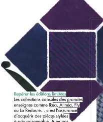  ??  ?? Repérer les éditions limitéesLe­s collection­s capsules des grandes enseignes comme Ikea, Alinéa, Fly ou La Redoute… c’est l’assurance d’acquérir des pièces stylées à prix raisonnabl­e. À ne pas manquer, les collection­s Gratulera et Självständ­ig d’Ikea, pour les 75 ans de la marque, en septembre et octobre, avec des rééditions de pièces iconiques dont certaines revisitées. Ici, tapis ludique façon puzzle, Ikea.