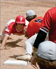  ?? ?? Trey Delp stole second base safely, but sees the ball in the glove of the Slicer third baseman as he is called out on the tag up to a fly to right.