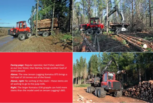  ??  ?? Facing page: Regular operator, Karl Fisher, watches as our Iron Tester, Stan Barlow, brings another load of stems aboard.
Above: The new Jensen Logging Komatsu 875 brings a full load of 16 tonnes out of the forest.
Above, right: No sorting at the...