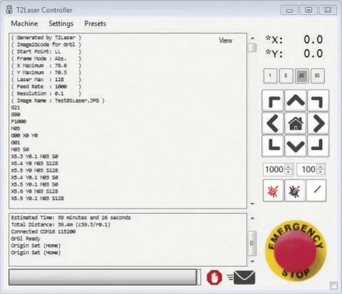  ??  ?? Above: The second interface view of the programme. After loading the image and setting the working parameters, we should swap the interface for controllin­g the laser tool. The image to engrave or cut is converted to G-code, the command language most used for any kind of CNC machine (3D printers, routers, and lasers). From this interface, we can set the axis direction and origin, position the laser head on the working area, and send the G-code file to the machine. Note that the G-code can also be saved to be reused without reloading the original file