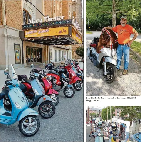  ?? PHOTOS CONTRIBUTE­D BY GARY HONNERT ?? Some AmeriVespa 2018 motor scooters parked outside of the Altria Theater in downtown Richmond, Va. Gem City Roller Gary Honnert of Dayton and his 2013 Piaggio BV 350.