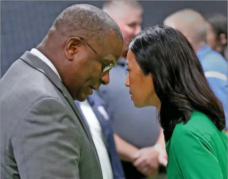  ?? MATT STONE — BOSTON HERALD ?? Mayor Michelle Wu said new leadership at BPD, with Commission­er Michael Cox in charge, has her backing BRIC funding.