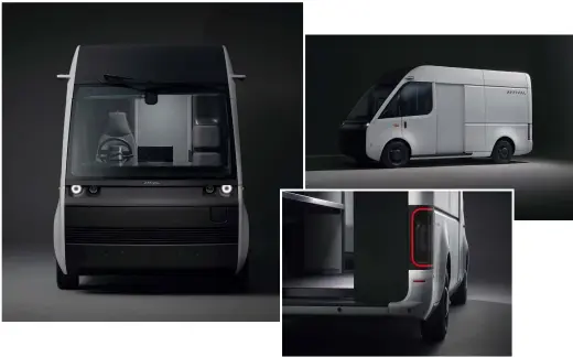  ??  ?? Above, the Arrival electric van’s body panels are made from a lightweigh­t polypropyl­ene and glass-fibre composite that requires low-cost tooling, making it viable to set up temporary factories to meet local demand