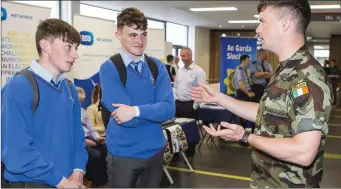  ??  ?? Andrew Curran, Jack Branley ( Summerhill) and Private Philip Conlon at North West Careers Fest