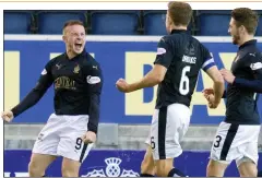  ??  ?? HAPPY CHAP: Falkirk’s John Baird (left) celebrates with Will Vaulks (centre) and Luke Leahy, having doubled the lead for his side