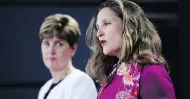  ?? SEAN KILPATRICK / THE CANADIAN PRESS ?? Foreign Affairs Minister Chrystia Freeland, right, and Marie-Claude Bibeau, Minister of Internatio­nal Developmen­t, found themselves on the defensive when they announced aid money for the Rohingya crisis.