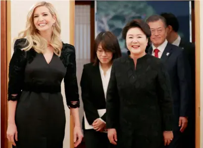  ?? Reuters ?? South Korean President Moon Jae-in, his wife Kim Jung-sook and Ivanka Trump arrive for their dinner at the Presidenti­al Blue House in Seoul on Friday. —