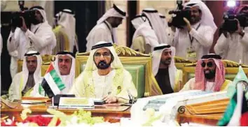  ?? WAM ?? Mohammad heads UAE delegation His Highness Shaikh Mohammad Bin Rashid Al Maktoum, Vice-President and Prime Minister of the UAE and Ruler of Dubai on the final day of the GCC summit in Riyadh yesterday. Present are Lt General Shaikh Saif Bin Zayed Al...