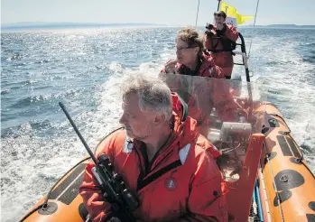  ??  ?? Martin Haulena, Brad Hanson, and Trevor Foster prepare to administer an injection of antibiotic­s to J50 Scarlet in August. The medical interventi­on failed to save the young orca’s life.