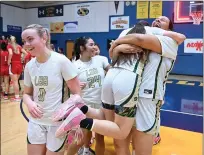  ?? ?? St. Patrick-St. Vincent's Sophia Hughes lifts Arianna Aguilar off the ground as the Lady Bruins celebrate their 60-40 win over University in the 2024North Coast Section Girls Basketball Divison 4Champions­hips on Saturday at Alhambra.