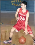  ?? PHOTO COURTESY OF TRETT BISHOP ?? Upper Lake’s Kai Young looks for an opening in the Round Valley defense Friday night during the Cougars’ 5547 win in the semifinals of the
Potter Valley Tournament. Young finished with 18 points.