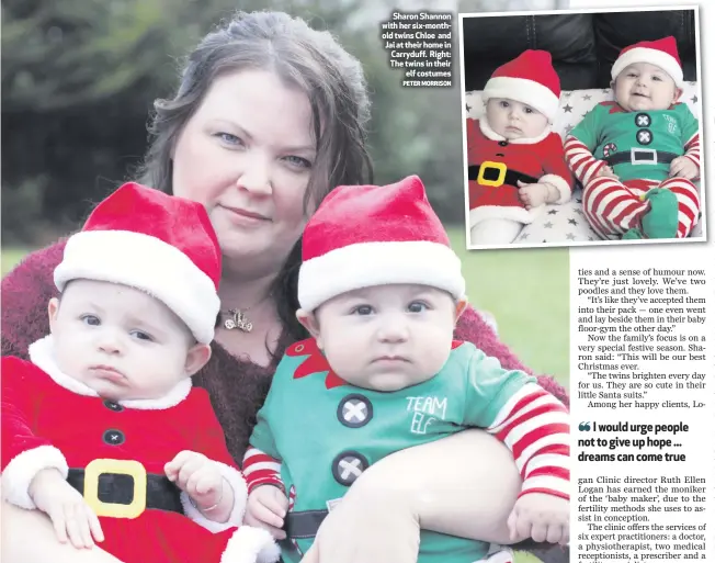  ?? PETER MORRISON ?? Sharon Shannon with her six-monthold twins Chloe and Jai at their home in Carryduff. Right: The twins in their
elf costumes