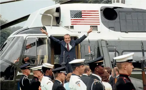  ??  ?? Rewatching Richard Nixon’s ignominiou­s yet defiantly brazen departure from The White House in August 1974 is made even more poignant by comparison­s to the building’s current occupant.