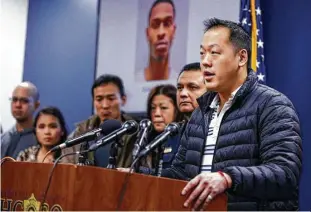  ?? Michael Ciaglo / Houston Chronicle ?? Richard Lam, son of slain couple Bao and Jenny Lam, on Wednesday thanked the Harris County Sheriff ’s Office and the media for their help in finding the suspects.