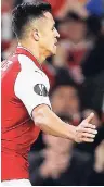  ??  ?? Arsenal’s Alexis Sanchez celebrates after scoring during the Europa League Group H match between Arsenal and FC Cologne yesterday.