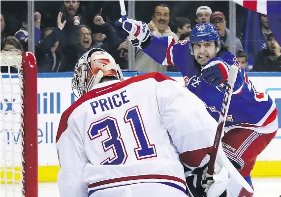  ?? — GETTY IMAGES ?? Mats Zuccarello of the Rangers celebrates after a goal against Montreal’s Carey Price during the second period in Game 6 of their Eastern Conference first-round playoff series Saturday in New York. The Rangers won 3-1 to eliminate the Habs.