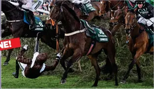  ?? ?? ...but can’t avoid being dumped on the Aintree turf as his mount — a 125-1 late entry to the Grand National — finds his feet to race off