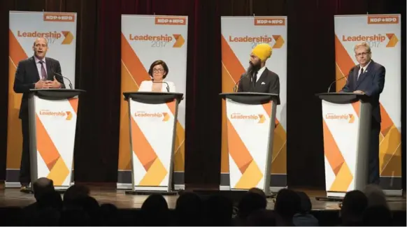  ?? ROBERT SKINNER/ROBERT SKINNER, LA PRESSE ?? NDP leadership hopefuls from left, Guy Caron, Niki Ashton, Jagmeet Singh and Charlie Angus are in the race to replace Thomas Mulcair.