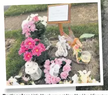  ??  ?? Resting place Little Maya’s grave at New Monkland Cemetery decorated with floral and ornamental tributes