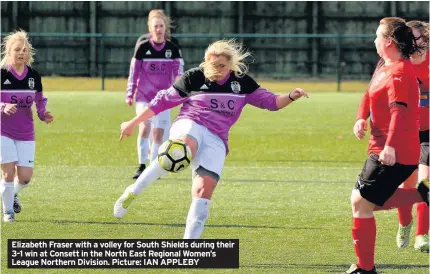  ??  ?? Elizabeth Fraser with a volley for South Shields during their 3-1 win at Consett in the North East Regional Women’s League Northern Division. Picture: IAN APPLEBY