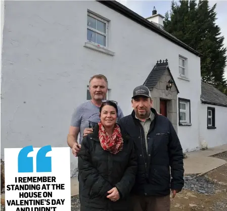  ??  ?? Above, Alisha and Paddy McKevitt with their builder Seamus Morgan (Left) and below, with their dogs Petey, Woodrow and Daisy outside their home.